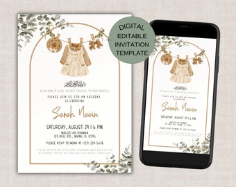 Boho Baby Girl Aqeeqah Invitation, Muslim Baby Shower Evite, Islamic Baby Shower Editable, Islamic Birth Announcement, Aqiqah Announcement
