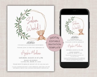 Aqeeqah Invitation Baby Girl, Muslim Baby Shower Evite, Islamic Baby Girl Aqiqah Invitation Card, Islamic Birth Announcement Digital Invite