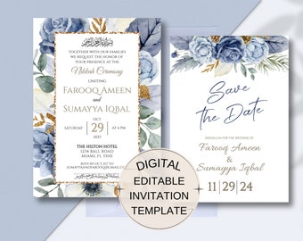 Dusty Blue Wedding Invitation, Shaadi Card,E Invitation Wedding, Desi Wedding Card, Arabic Wedding Invitation, Muslim Wedding Invite, Nikkah