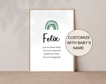 Green Rainbow Newborn Name Sign, Baby Sign for Nursery, Baby Boy Wall Art Printable, Custom Boy Name, Green Baby Watercolor Nursery Decor