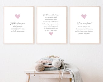 Set of 3 Little Girl Quotes, Baby Girl Quotes, Baby Girl Poem, You Are Loved Art, Hold her a little longer print, Baby Girl Nursery Wall Art