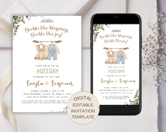 Twin Babies Muslim Aqiqah Digital Evite, Twin Boy and Girl Aqeeqah Invitation Muslim Baby Shower, Islamic Baby Shower Invitation for Twins