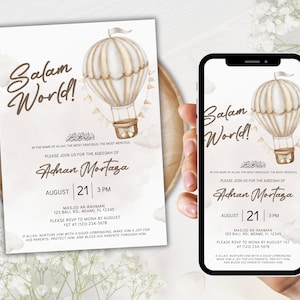 Musulmán Aqiqah Digital Evite globo aerostático, bebé niño Aqeeqah invitación musulmán baby shower, baby shower islámico, anuncio de nacimiento islámico
