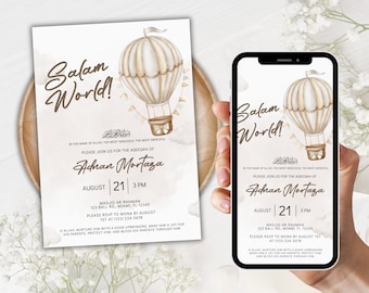 Muslim Aqiqah Digital Evite Hot Air Balloon, Baby Boy Aqeeqah Invitation Muslim Baby Shower, Islamic Baby Shower, Islamic Birth Announcement