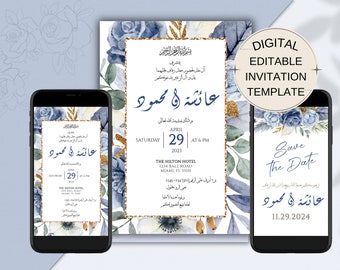 Dusty Blue Floral Arabic Wedding Invitation Card, Arab Wedding Invitation, Muslim Wedding Invitation Template, Islamic Marriage Invitation