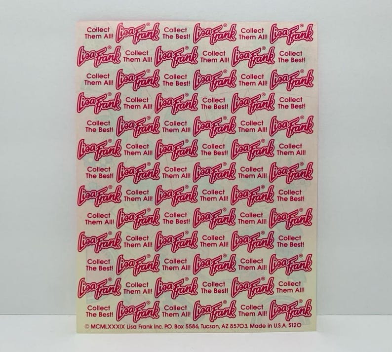 May include: A sheet of pink and white stickers with the text "Lisa Frank" and "Collect Them All!" repeated multiple times. The stickers are designed with a pink and white swirl pattern.