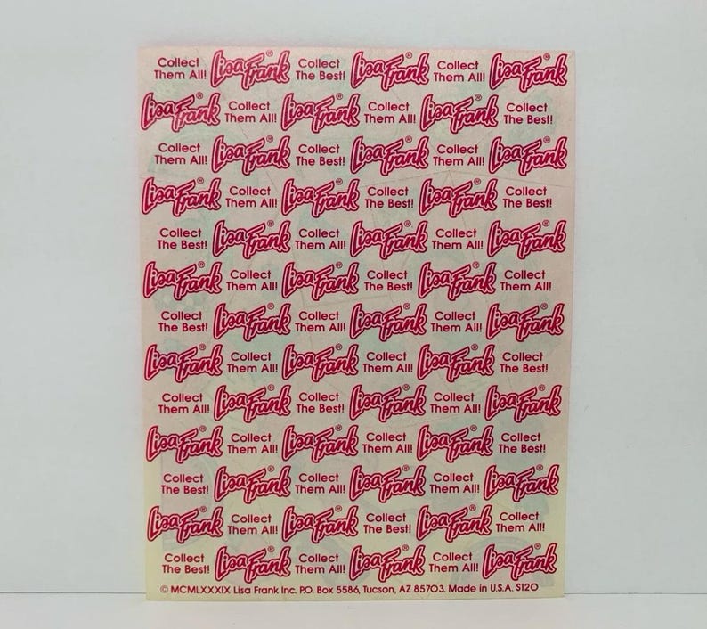 May include: A sheet of pink and white stickers with the text "Lisa Frank" and "Collect Them All!" repeated multiple times. The stickers are on a white background.