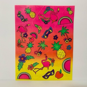 May include: A sheet of colorful stickers featuring pink flamingos, pineapples, palm trees, sunglasses, watermelons, and apples. The stickers are on a gradient background that transitions from pink to yellow.