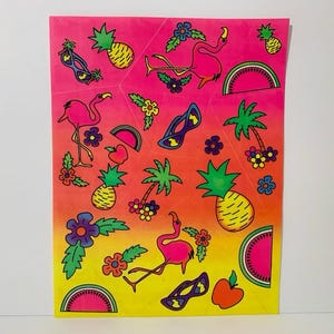 May include: A sheet of colorful stickers with a tropical theme. The stickers feature pink flamingos, palm trees, pineapples, watermelons, sunglasses, and flowers. The stickers are on a gradient background that transitions from pink to yellow.