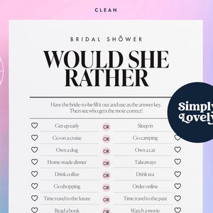 Bridal Shower Would she Rather | Bride Would she Rather Game | Modern Bridal Shower | Hen Do | Clean Bridal Shower printable | Bridal Shower