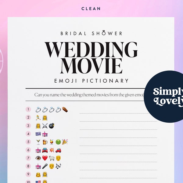 Bridal Shower Wedding Movies Emoji Pictionary Game | Modern Shower Games | Beautiful Design | Bridal Shower printable | Bridal Shower Fun