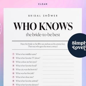 Bridal Shower Who knows the Bride to be best | Modern Bridal Shower Game | Hen Do | Clean Bridal Shower printable | Bridal Shower Fun