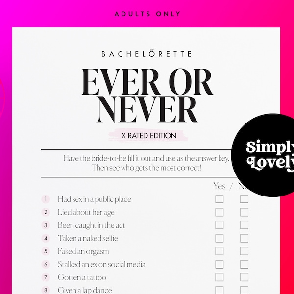 Bachelorette Party X Rated Ever or Never Game | Modern Bachelorette Games | Beautiful Design | Adult only printable | Hen Party Activity