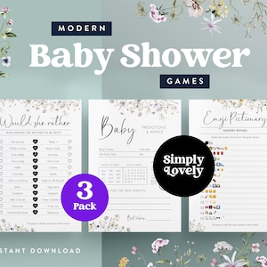 Modern Baby Shower Games Three Pack | Baby Predictions and Advice | Baby Shower Would She Rather | Emoji Pictionary | Printable Games