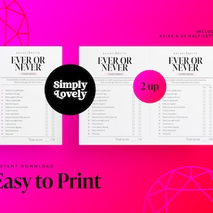 K&ouml;nnte beinhalten: Zwei druckbare "Immer oder Nie" Spielkarten mit einem Junggesellinnenabschied-Thema. Die Karten sind wei&szlig; mit schwarzem Text und haben eine rosa Diamantgrafik im Hintergrund. Der Text auf den Karten lautet "Immer oder Nie" und "2 up".