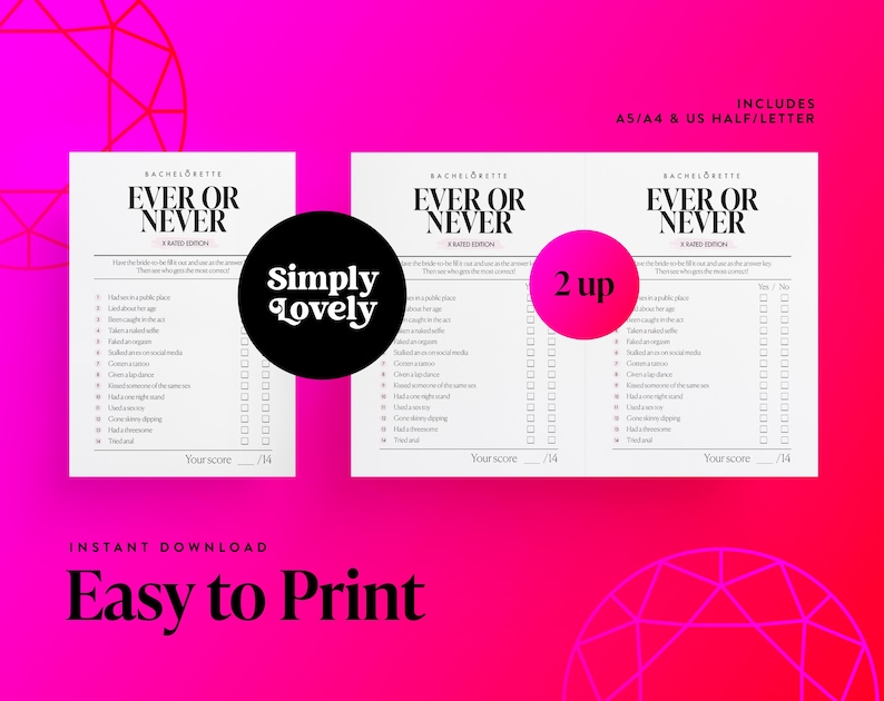 K&ouml;nnte beinhalten: Zwei druckbare "Immer oder Nie" Spielkarten mit einem Junggesellinnenabschied-Thema. Die Karten sind wei&szlig; mit schwarzem Text und haben eine rosa Diamantgrafik im Hintergrund. Der Text auf den Karten lautet "Immer oder Nie" und "2 up".