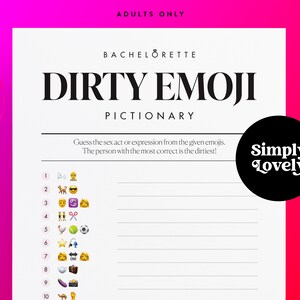 Gioco Pictionary con emoji sporche per l'addio al nubilato / Addio al nubilato moderno / Bellissimo design / Stampabile solo per adulti / Attività per l'addio al nubilato