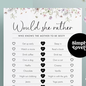 Baby Shower Would She Rather Game | Modern Baby Shower Activity | Beautiful Design | Print at Home | Instant Download | Mother to be Game