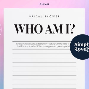 Bridal Shower Who am I Game | Modern Bridal Shower Game | Hen Do Games Beautiful Design | Clean Bridal Shower printable | Bridal Shower Fun