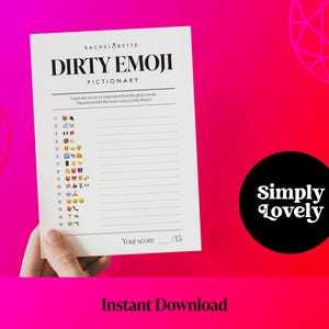 K&ouml;nnte beinhalten: Eine druckbare Spielkarte mit dem Titel "Dirty Emoji Pictionary". Die Karte enth&auml;lt eine Liste mit Nummern und Emojis. Der Text "Your score /15" befindet sich am unteren Rand der Karte.