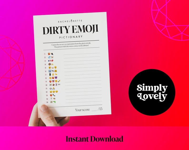 K&ouml;nnte beinhalten: Eine druckbare Spielkarte mit dem Titel "Dirty Emoji Pictionary". Die Karte enth&auml;lt eine Liste mit Nummern und Emojis. Der Text "Your score /15" befindet sich am unteren Rand der Karte.