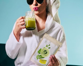 Biologisch MORINGA-POEDER natuurlijk voedingsrijk Moringa-poeder veganistisch beste superfood Moringa groene smoothie vitamine gezond groen sappoeder