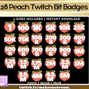 COMPLETE SET! 28 x Cute Peach Twitch Bit Badges | Schattige Twitch Badges | Twitch Tier-badges | Peach Bit Badges | Twitch Emotes | Perzik