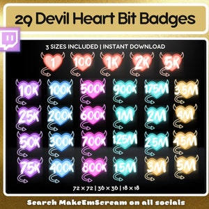 COMPLETE SET! 29 x Neon Devil Heart Twitch Bit Badges | Twitch Badges | Neon Bit Badges | Kick Badges | Kick | Youtube | Streaming Badges
