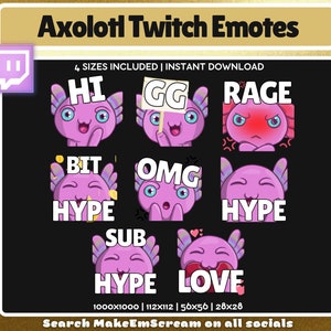 Cute Axolotl Twitch & Discord Emotes | 8 x Twitch Emote Pack | Twitch Emotes | Discord Emotes | Cute Twitch Emotes | Axolotl Emotes | Kawaii