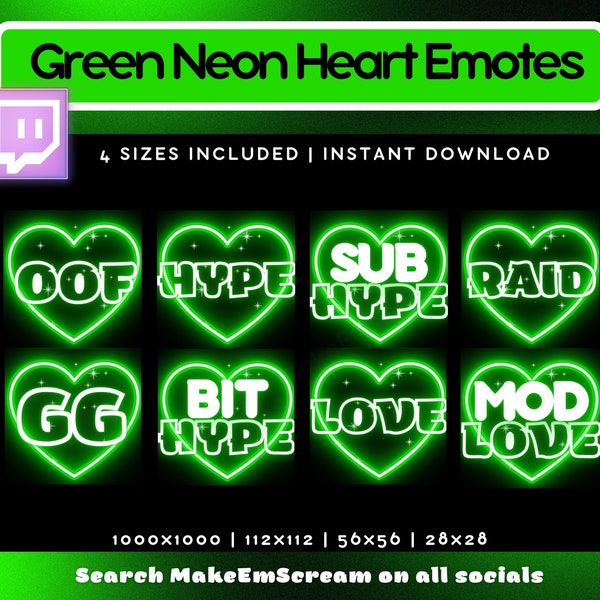 Green Neon Heart Twitch Emote 8 Pack | Green Twitch Emotes | Cute Kawaii | Text Hearts | Twitch Emotes | Twitch Emote Pack | Green | Neon