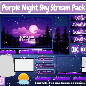 Purple Night Sky Twitch Overlay Complete Stream Pack | Night Sky | Twitch Panels | Twitch Alerts | Twitch Badges | Twitch Emotes