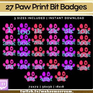 COMPLETE SET! 27 x Neon Paw Print Twitch Tier Badges | Cute | Kawaii | Paw Print | Twitch Badges | Twitch Emotes | Animal Tier Badges