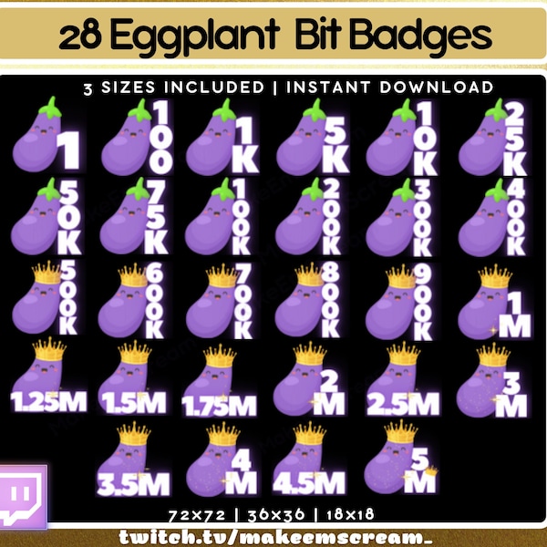 ENSEMBLE COMPLET! 28 x badges mignons aubergine Twitch Bit | Badges Twitch mignons | Insignes de mors d'aubergine | Émotes Twitch | Insignes de bits drôles