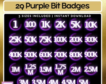 COMPLETE SET! 29 x Neon Purple Twitch Bit Badges | Twitch Badges | Twitch Tier Badges | Kick Badges | Streaming Badges | Bit Badges