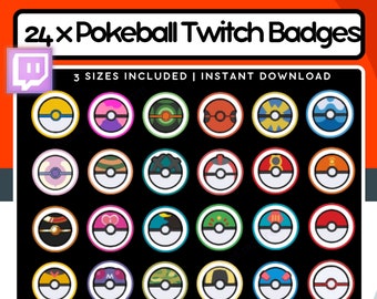 Puede incluir: 24 insignias de Twitch diferentes en forma de Poké Ball en tres tamaños: 72x72, 36x36 y 18x18. Las insignias presentan varios colores y diseños, incluyendo rojo, azul, verde, amarillo y morado. El texto "Search MakeEmScream on all socials" está en la parte inferior de la imagen.