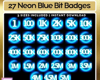 27 x Neon Blue Twitch Bit Tier Badges | Twitch Bit Badges | Twitch Badges | Bit Badges | Pack | Neon Blue | Twitch Emotes
