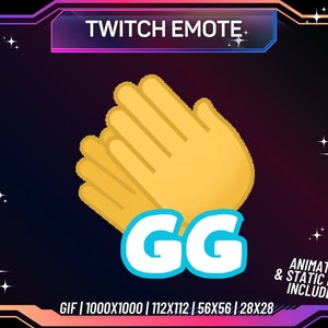 Könnte beinhalten: Animiertes Twitch-Emote mit zwei gelben Händen, die klatschen, und dem Text "GG" in Blau. Das Emote ist vor einem dunkelvioletten Hintergrund mit weißen Sternen platziert. Der Text "GIF | 1000X1000 | 112X112 | 56X56 | 28X28" befindet sich am unteren Rand des Bildes. Der Text "ANIMATED & STATIC FILES INCLUDED!" befindet sich unten rechts im Bild.