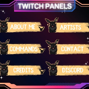 Könnte beinhalten: Sechs Twitch-Panels mit einer schwarz-weißen Cartoonfigur mit goldenen Sternen. Die Panels sind mit "Über mich", "Künstler", "Befehle", "Kontakt", "Credits" und "Discord" beschriftet.