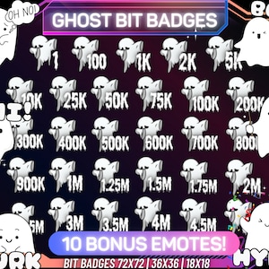 Könnte beinhalten: Ein Set mit 20 Twitch-Bit-Abzeichen im Geister-Design, die verschiedene Meilensteine von 1 bis 4,5 Millionen darstellen. Die Abzeichen sind weiß und zeigen einen Geist mit einem überraschten Ausdruck. Der Text "GHOST BIT BADGES" befindet sich oben im Bild. Der Text "10 BONUS EMOTES!" befindet sich unten im Bild. Der Text "BIT BADGES 72X72 | 36X36 | 18X18" befindet sich unter dem Text "10 BONUS EMOTES!"