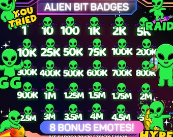 May include: A set of 20 green alien bit badges for Twitch, featuring different levels of bits from 1 to 5 million. The badges are designed with a cartoon alien holding a drink, a star, and the text "YOU TRIED" and "RAID". The text "8 BONUS EMOTES!" and "BIT BADGES 72X72 | 36X36 | 18X18" is also included.
