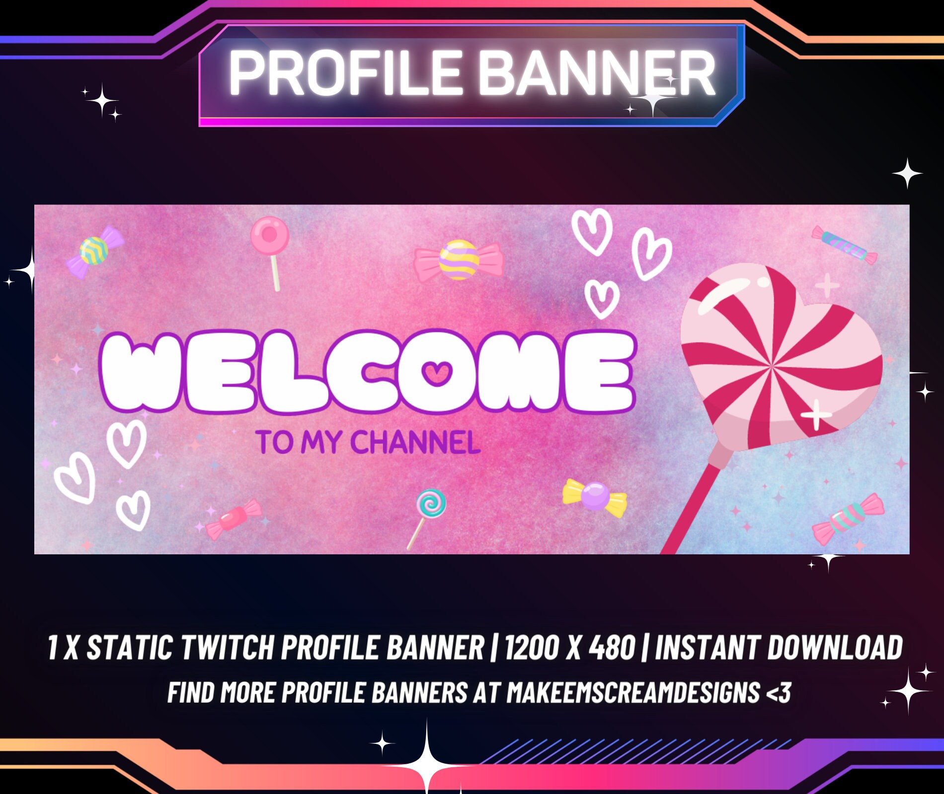Candy Themed Twitch Profile Banner, Kawaii Streamer Design (digital ...