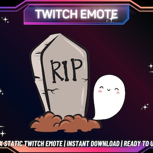 May include: A cartoon illustration of a tombstone with the word "RIP" on it and a ghost with a happy face. The background is a dark purple with stars.