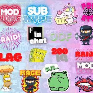May include: A collection of colorful digital stickers featuring various internet slang terms and memes. The stickers include phrases like "MOD LOVE", "SUB HYPE", "RAID", "LAG", "F in chat", "200 IQ", "SUS", "RAGE", and "Oh Bite Me".