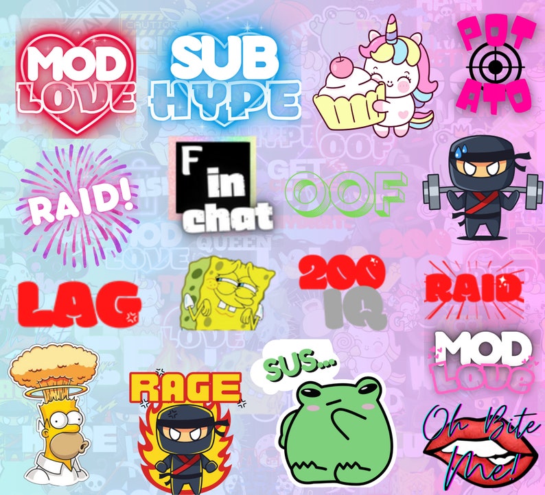 May include: A collection of colorful digital stickers featuring various internet slang terms and memes. The stickers include phrases like "MOD LOVE", "SUB HYPE", "RAID", "LAG", "F in chat", "200 IQ", "SUS", "RAGE", and "Oh Bite Me".