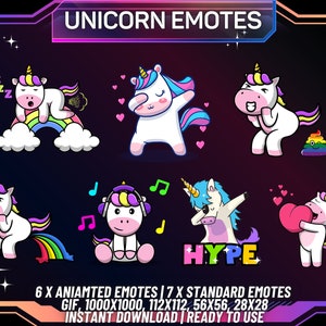 Animated Twitch Emote Pack, Unicorn Twitch Emotes, Hype Emote, Love Emote, Poop Emote | Animated Emote | Instant Download | GIF | Static