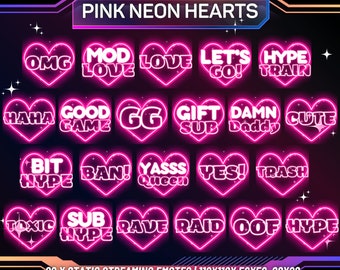22 x Pink Neon Heart Emotes | Pink Twitch Emotes | Cute Kawaii | Text Hearts | Twitch Emotes | Twitch Emote Pack | Instant Download | PNG