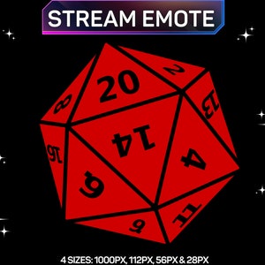Puede incluir: Un dado rojo de veinte caras con números negros, sobre un fondo negro con estrellas blancas. El dado es un elemento de juego común utilizado en juegos de rol de mesa.