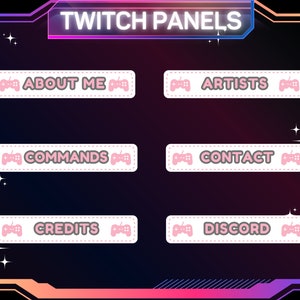 Könnte beinhalten: Sechs rosafarbene und weiße Twitch-Panels mit einem rosafarbenen Gamepad-Symbol und weißem Text. Die Panels lauten "Über mich", "Künstler", "Befehle", "Kontakt", "Credits" und "Discord".