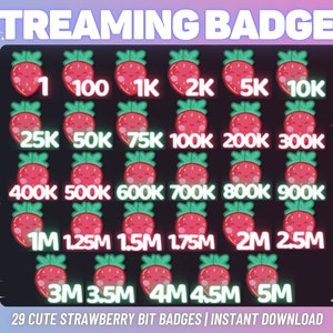 COMPLETE SET! 29 x Cute Strawberry Bit Badges | Complete Twitch Bit Badges Set | Twitch Bit Badges | Twitch Badges | Strawberry Twitch Badge