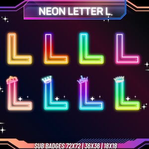 Emblemas de néon letra L | Emblemas de inscrição do Twitch | Sub-emblemas do arco-íris | Emblemas de nível Twitch | Emblemas Twitch | Fundo transparente | Para streamers
